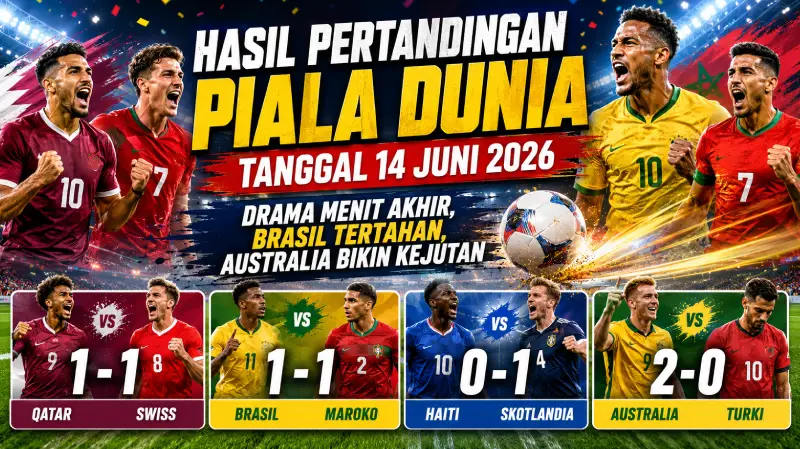 Hasil Pertandingan Piala Dunia Tanggal 14 Juni 2026 Drama Menit Akhir, Brasil Tertahan, Australia Bikin Kejutan