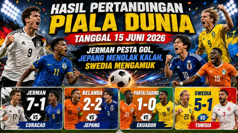 Hasil Pertandingan Piala Dunia Tanggal 15 Juni 2026 - Jerman Pesta Gol, Jepang Menolak Kalah, Swedia Mengamuk