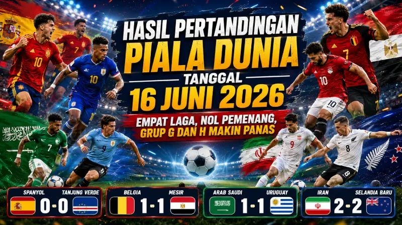 Hasil Pertandingan Piala Dunia Tanggal 16 Juni 2026 - Empat Laga, Nol Pemenang, Grup G dan H Makin Panas