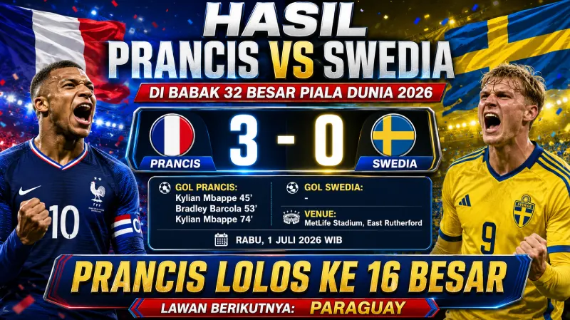 Hasil Prancis vs Swedia di Babak 32 Besar Piala Dunia 2026